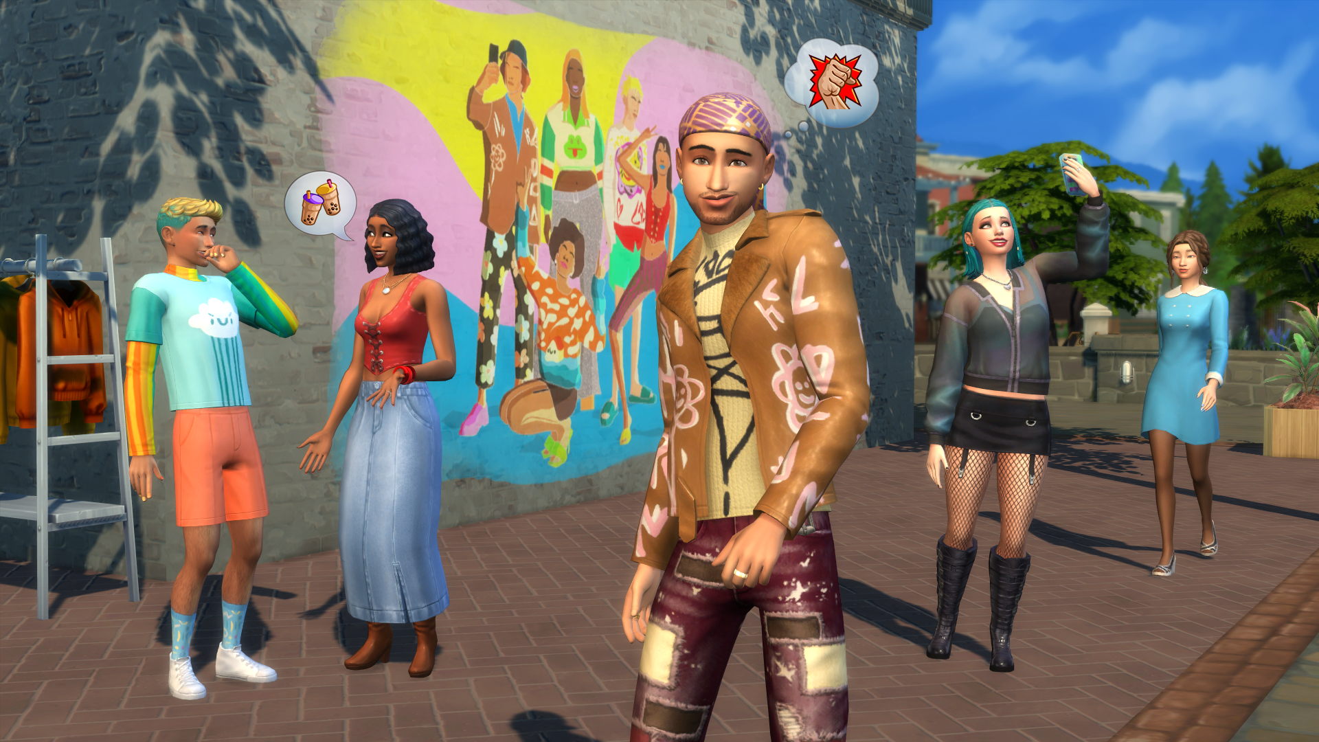 Sims-Charaktere auf der Straße. Graffiti-Kunst im Hintergrund. Ein Sim macht ein Selfie.