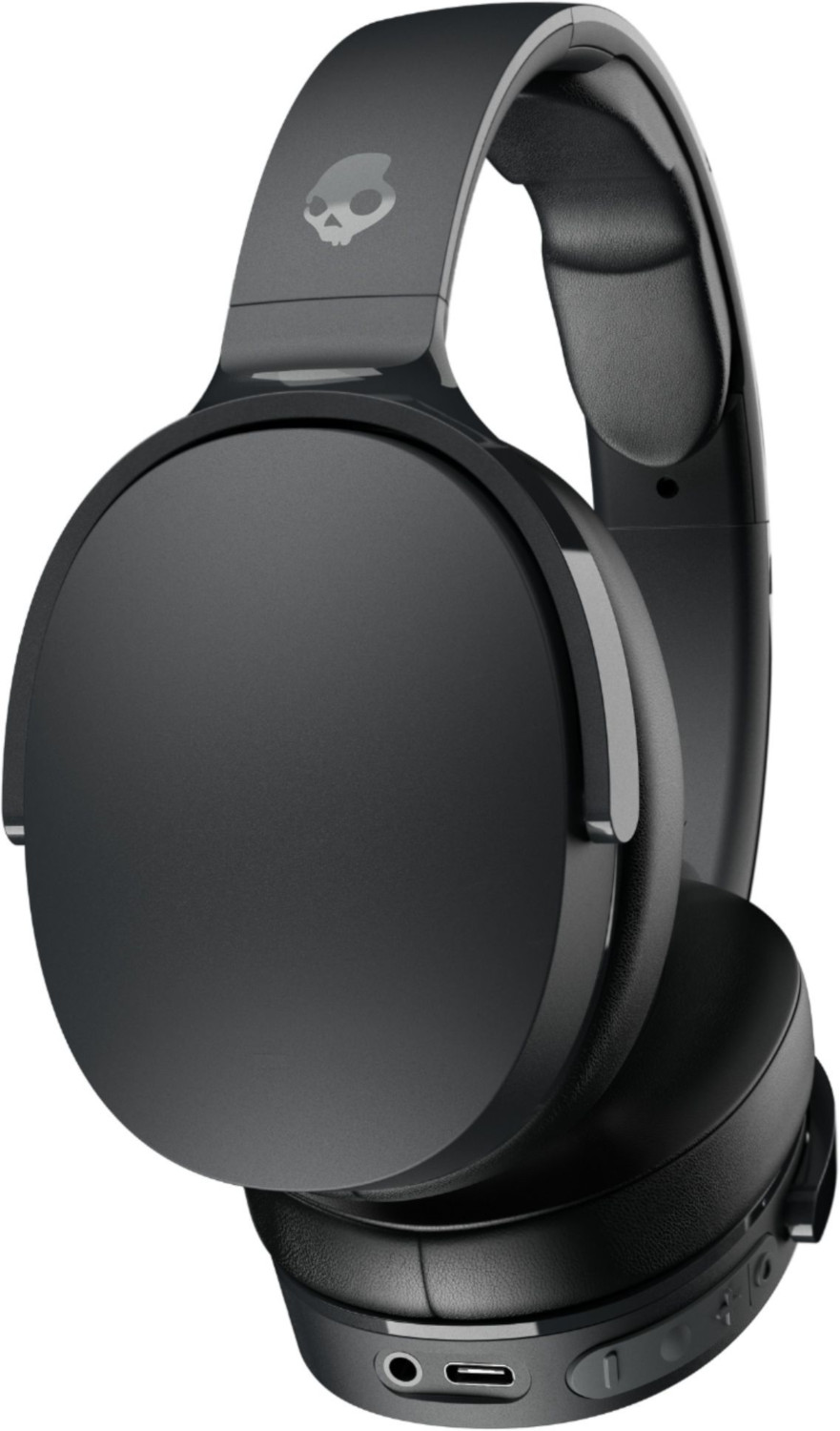 Casque Skullcandy noir. Le casque a un bandeau et des oreillettes. Le fond est blanc.