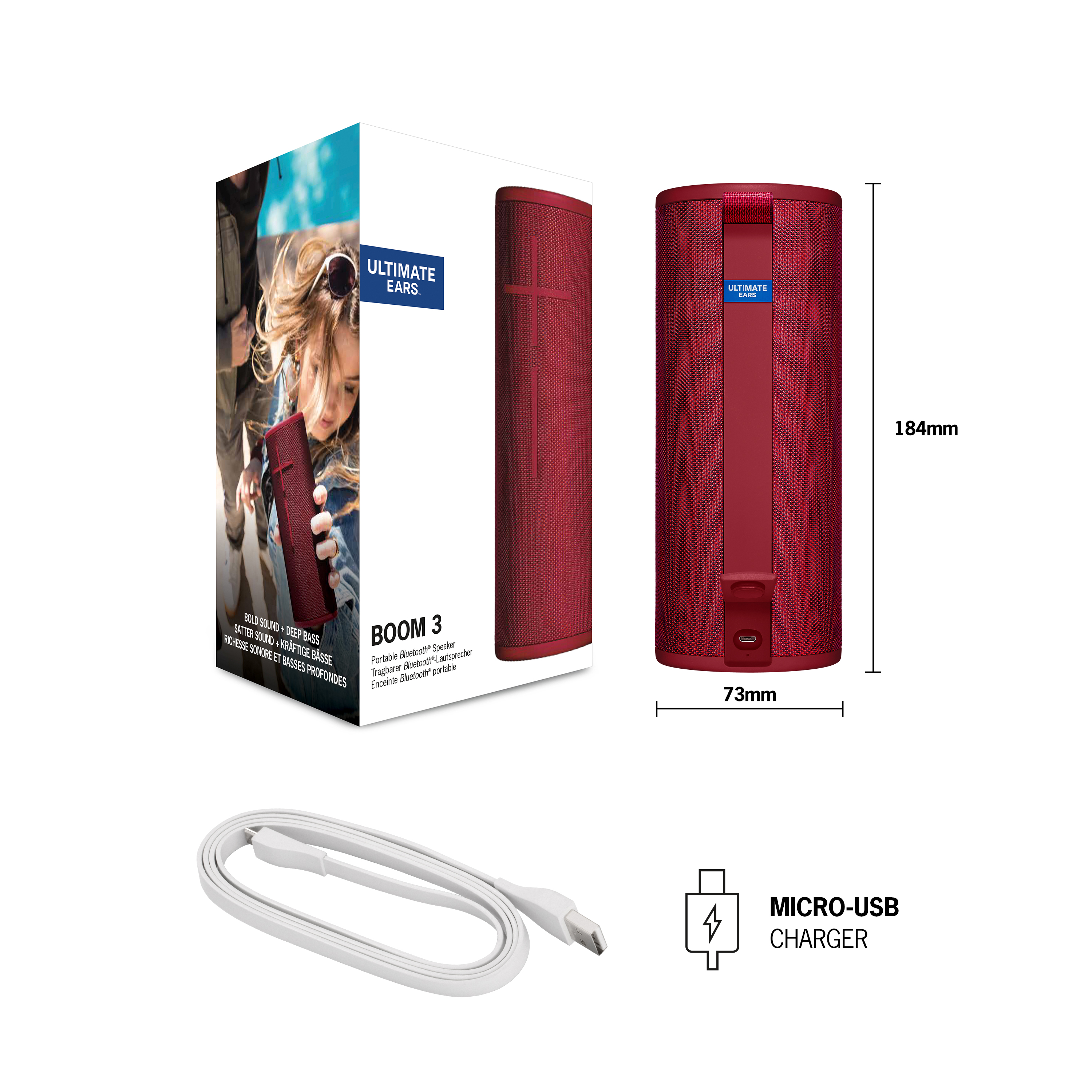 Altavoz rojo Ultimate Ears Boom 3, embalaje y cable USB blanco sobre superficie blanca.