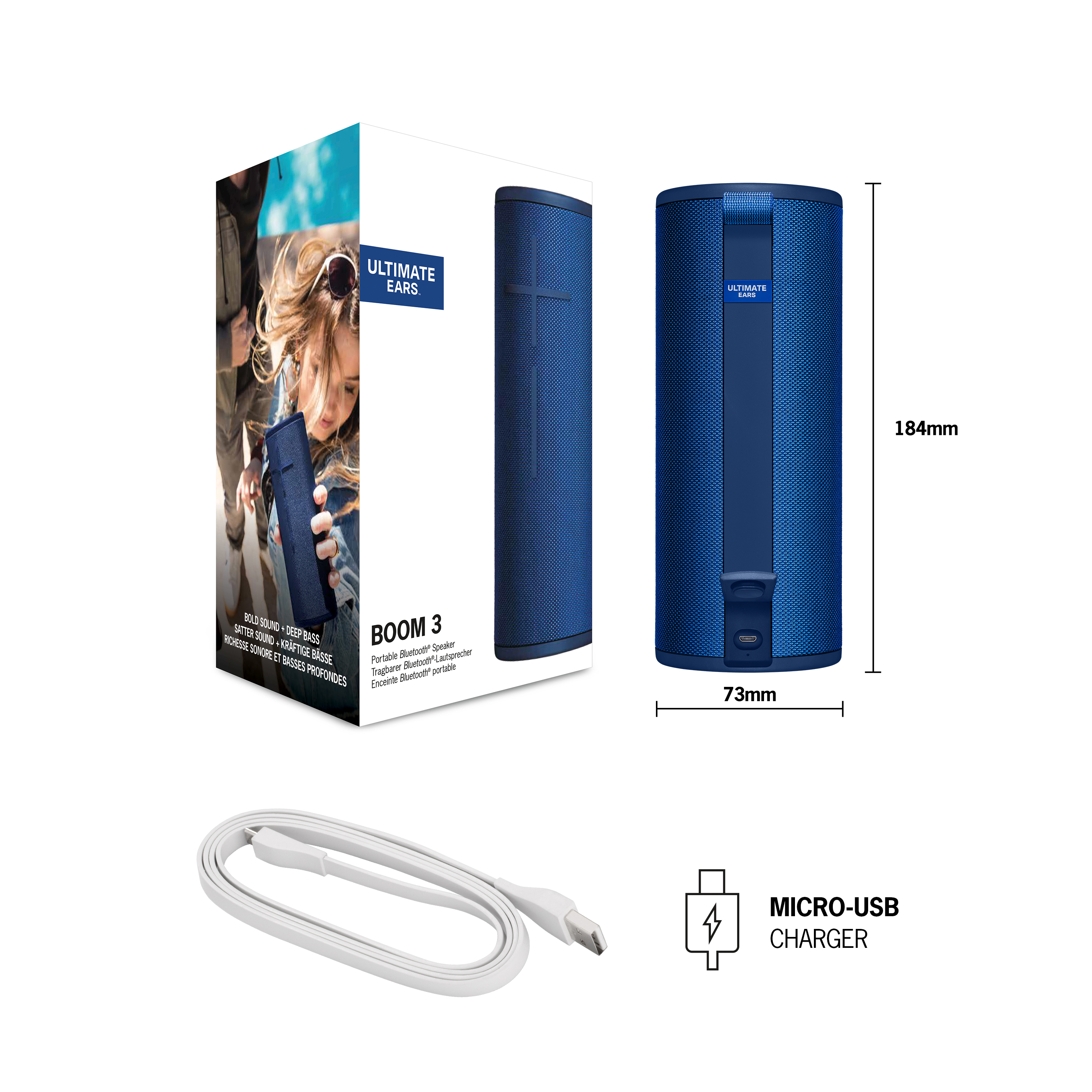 Altavoz y caja azules Ultimate Ears Boom 3, con cable de carga blanco. Se muestran las dimensiones.