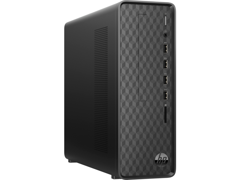 Ordenador de sobremesa HP negro con patrón geométrico en el panel frontal.