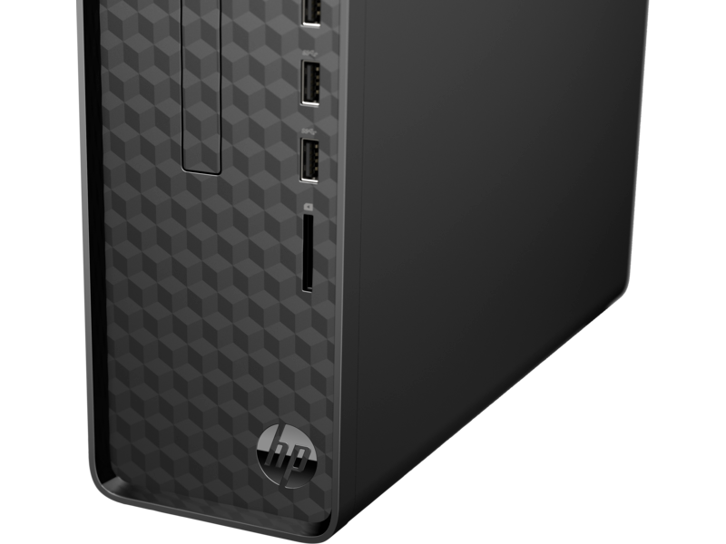 Una carcasa de ordenador de escritorio HP negra con un frontal estampado y el logotipo de HP.