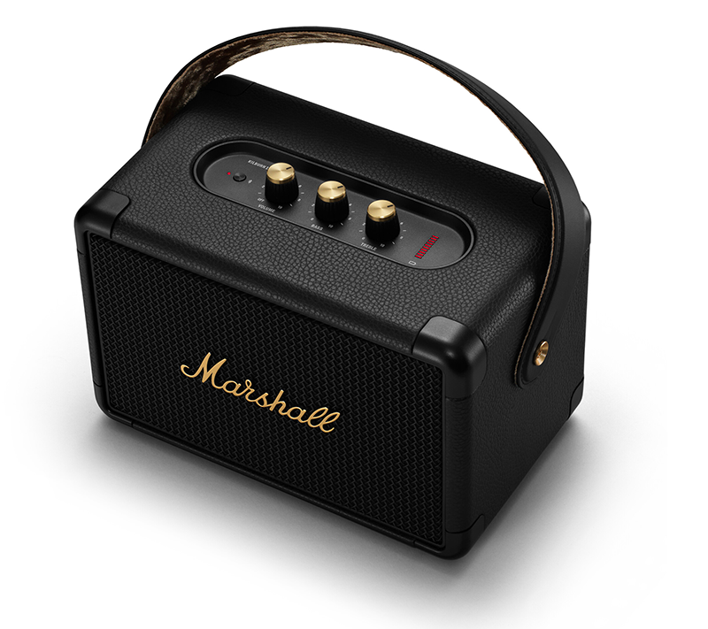 Black Marshall speaker with gold accents, handle, and mesh front.