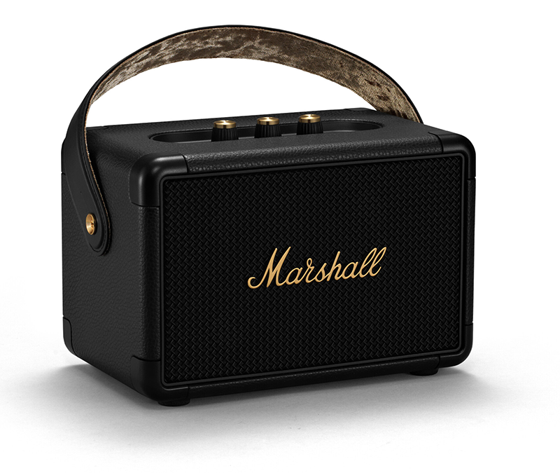 Black Marshall speaker with handle and gold accents, on a white background.