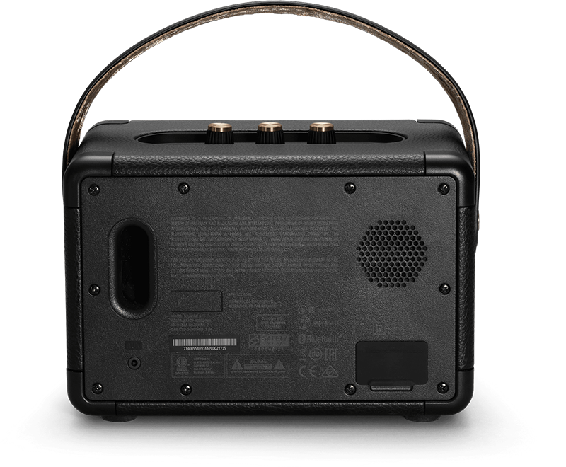 Back of a black Marshall speaker with handle and a mesh-covered speaker.