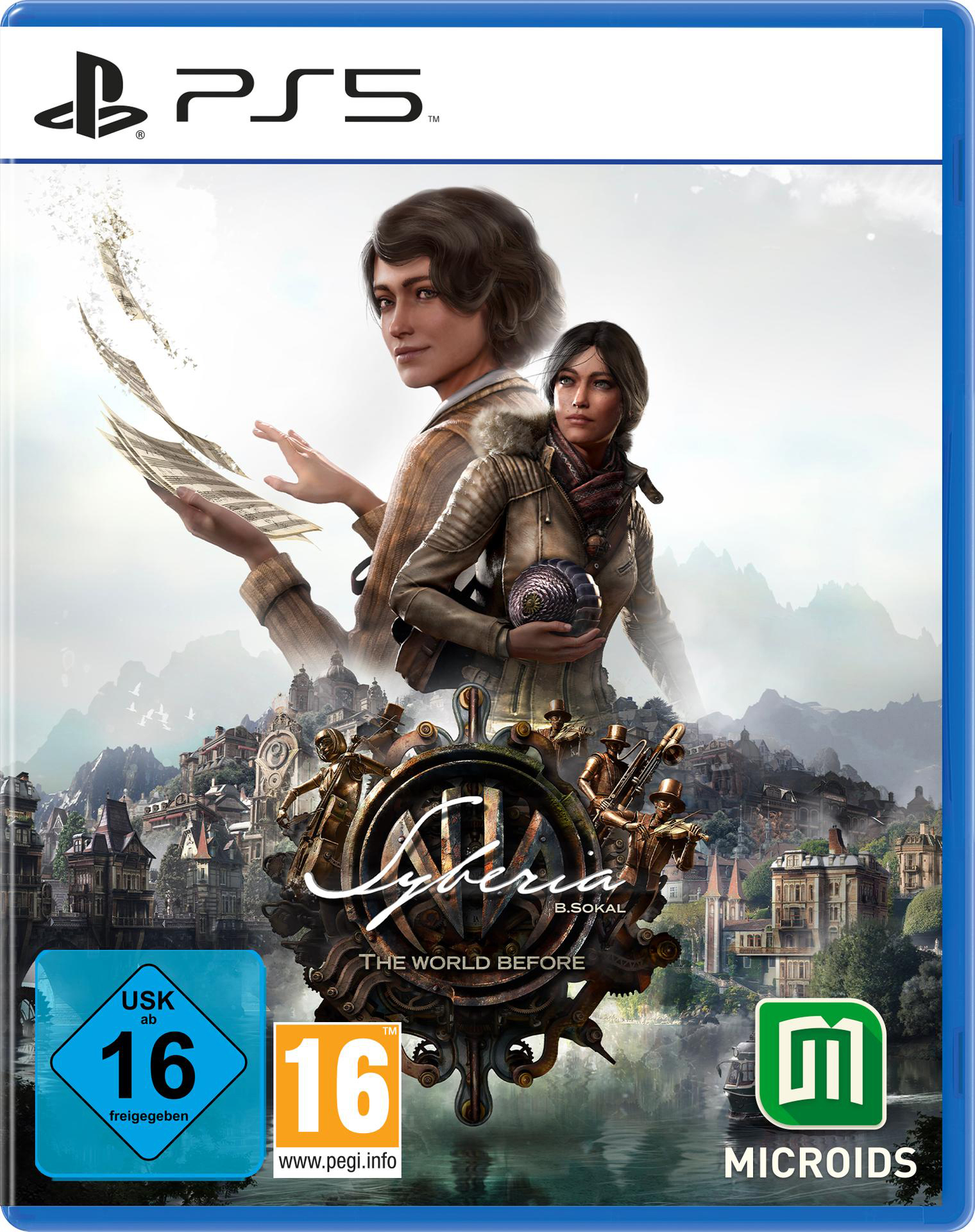 Ein PS5-Spielcase mit zwei Frauen, von denen eine eine Kugel hält, und dem Titel 'Syberia'.