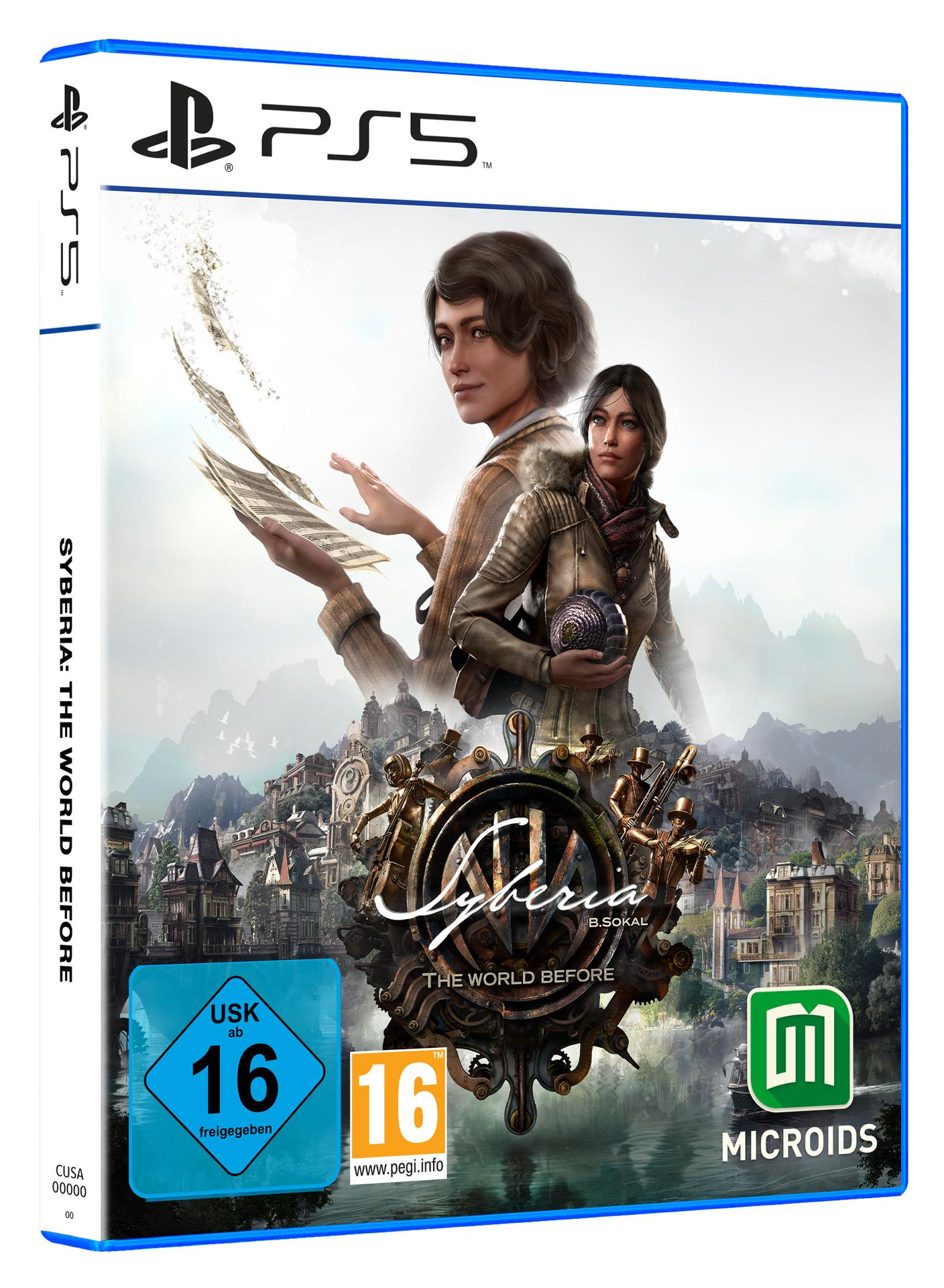 PS5-Spielbox: Syberia: The World Before, Kunstwerk von Frauen, schneebedeckte Landschaft.