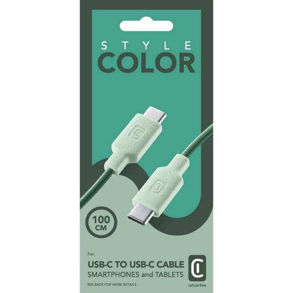 Un cable USB-C a USB-C verde en embalaje, etiquetado con "STYLE COLOR".