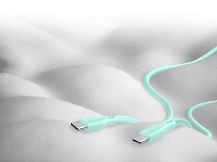Zwei USB-C-Kabel. Hellgrüne Farbe. Auf einem weißen und grauen Hintergrund.