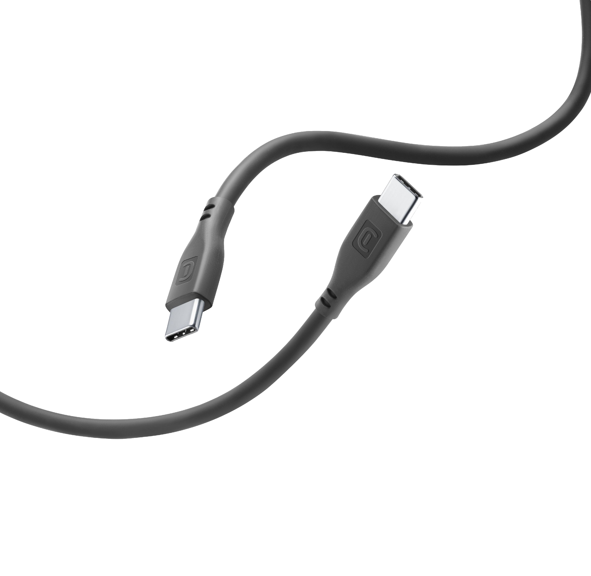 Zwei schwarze USB-C-Kabel, die sich zueinander neigen, mit sichtbaren Anschlüssen.