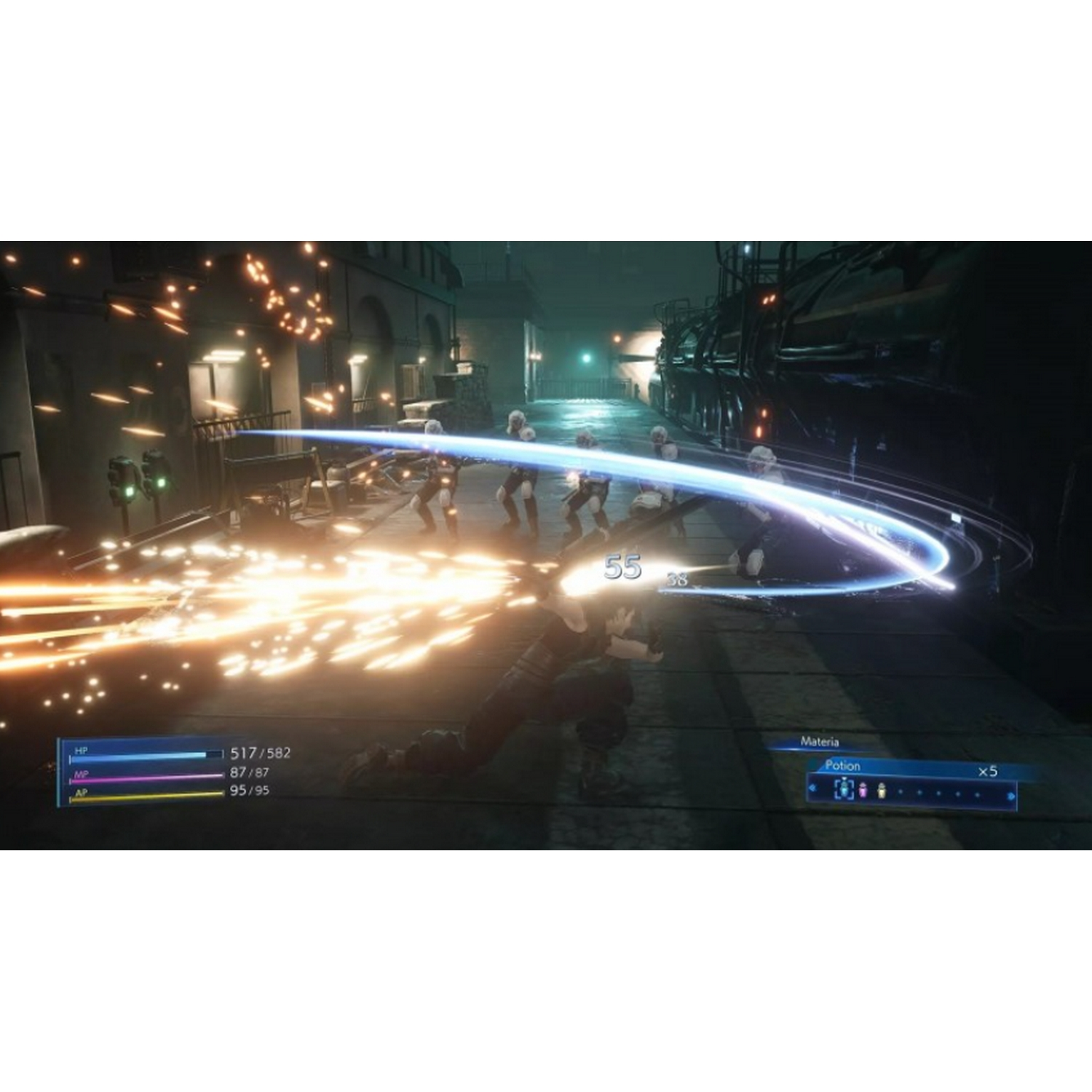 Una escena de videojuego con personajes luchando, chispas y efectos de luz azul, y una barra de salud visible.