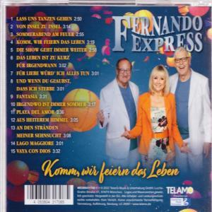 CD-Cover mit drei Personen, Text auf Deutsch und farbenfrohem Design, wirbt für 'Komm, wir feiern das Leben'.