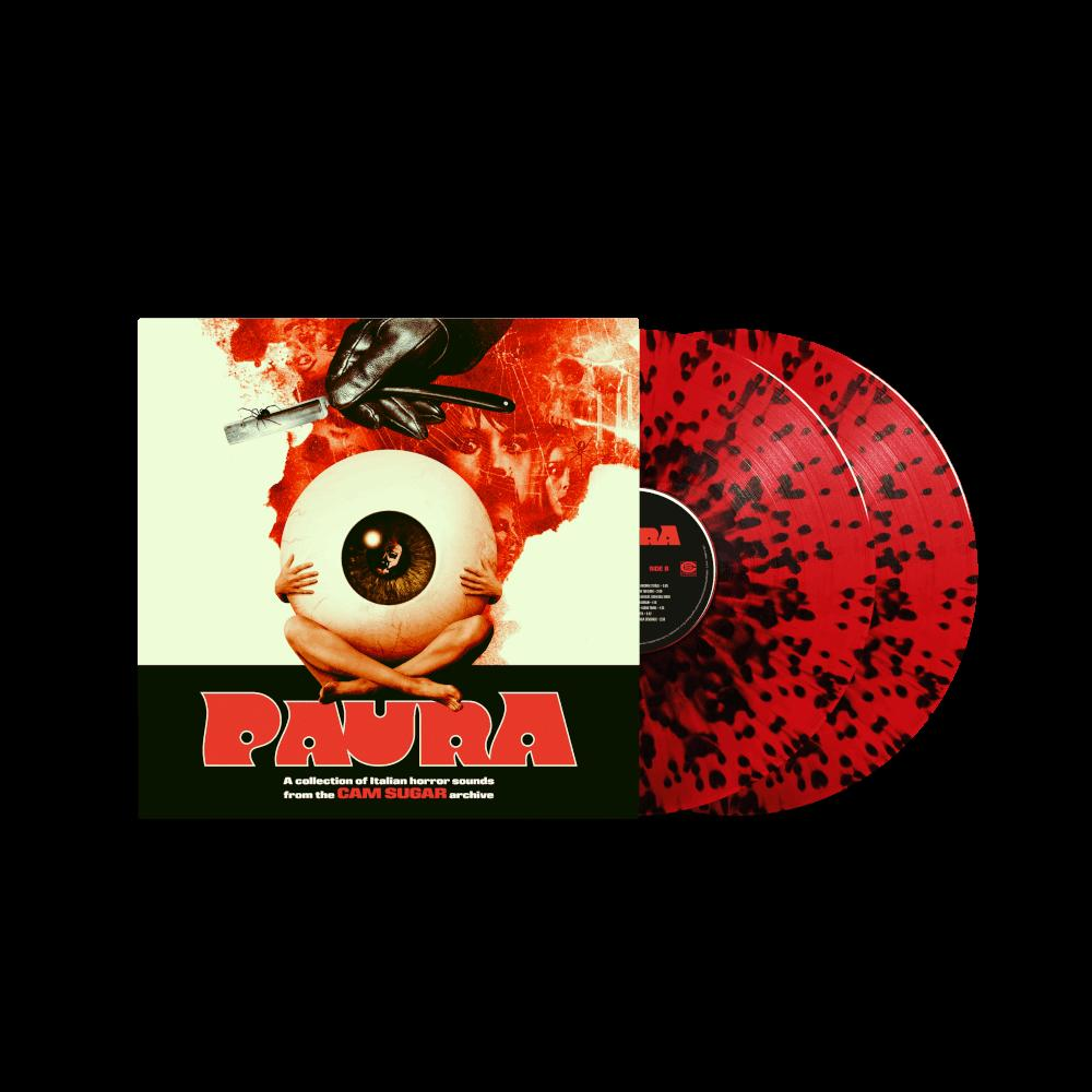 Albumcover mit einem Auge, das von Händen gehalten wird. Rot-schwarz gesprenkelte Vinylplatten.