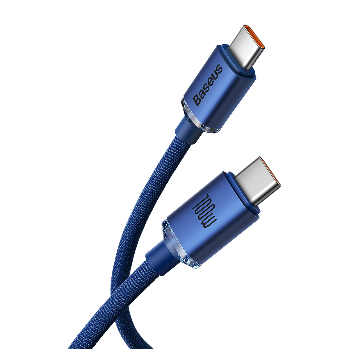 Beyaz arka plan üzerinde beyaz harfler ve konektörlerle mavi USB-C kablosu.