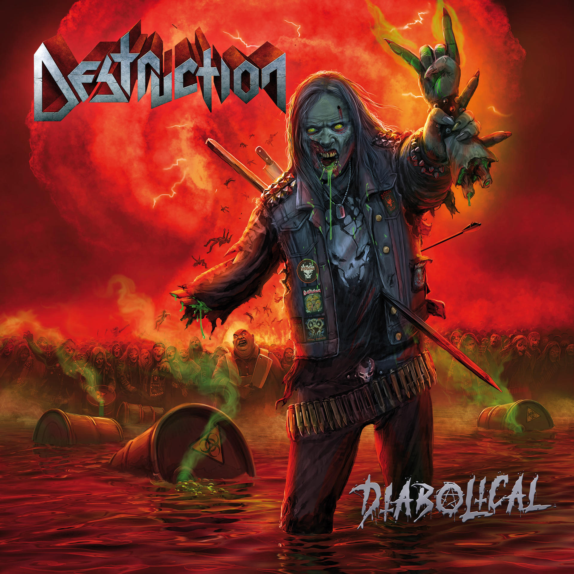 Albumcover eines zombieartigen Wesens in einer roten Höllenlandschaft, mit dem Wort „Diabolical“.