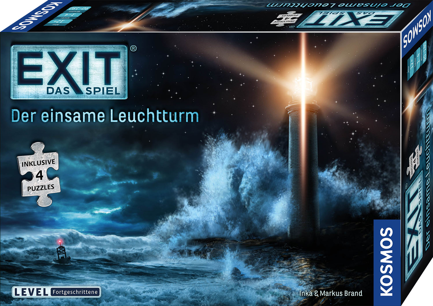 Schachtel für ein EXIT-Spiel mit Leuchtturm, stürmischer See und Puzzleteilen.