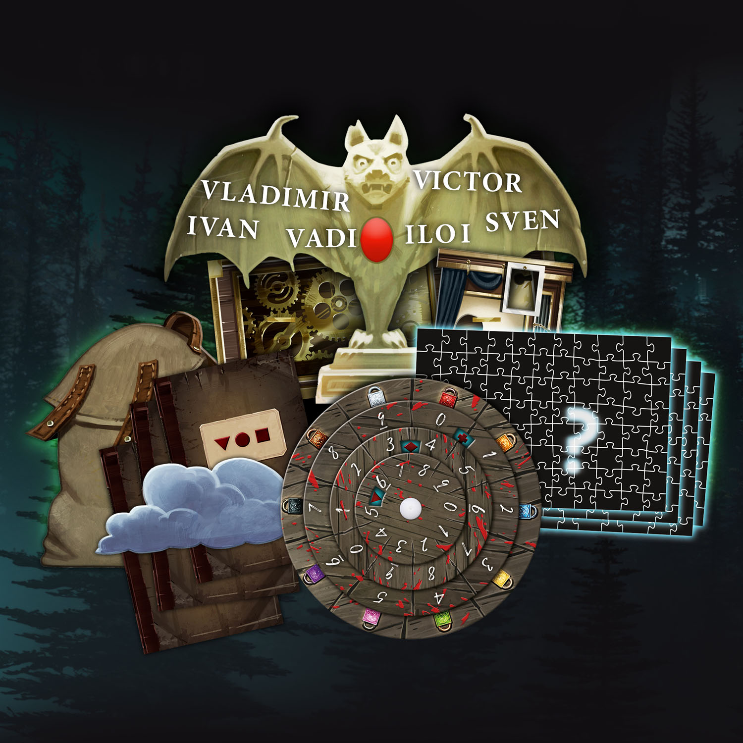 Brettspielelemente: Wasserspeier, Zahlenrad, Puzzle, Wolke und andere Spielteile.
