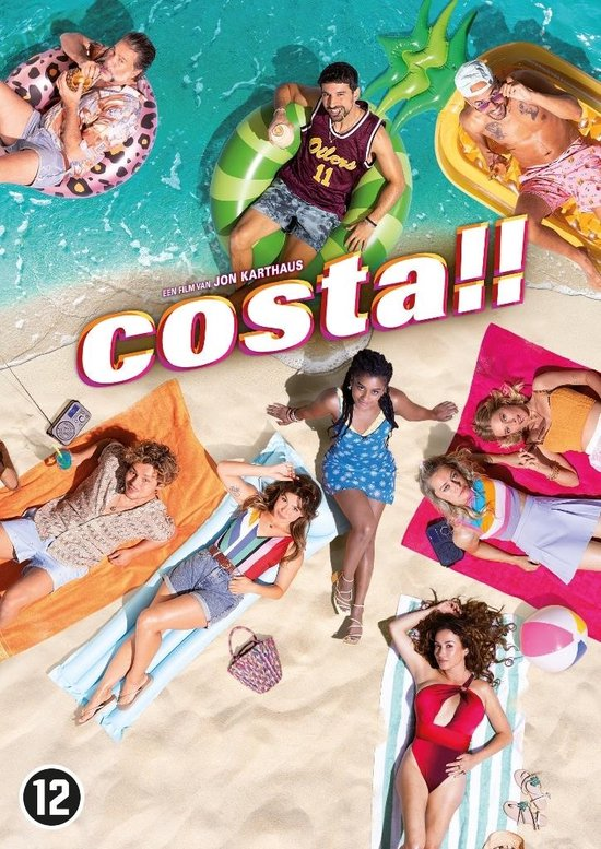 Filmposter: Mensen op een strand, titel 'Costa!!'. Drijvers, badgasten en de zee zijn zichtbaar.
