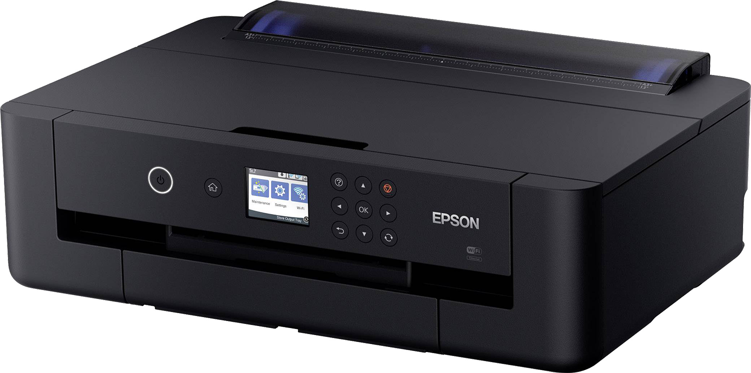 A black Epson printer with a screen and several buttons, on a white background.