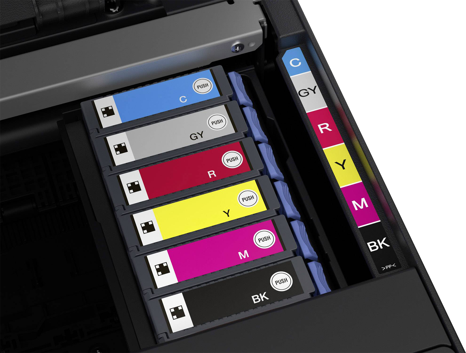 Ink cartridges in a printer. Cyan, gray, red, yellow, magenta, and black cartridges are visible.
