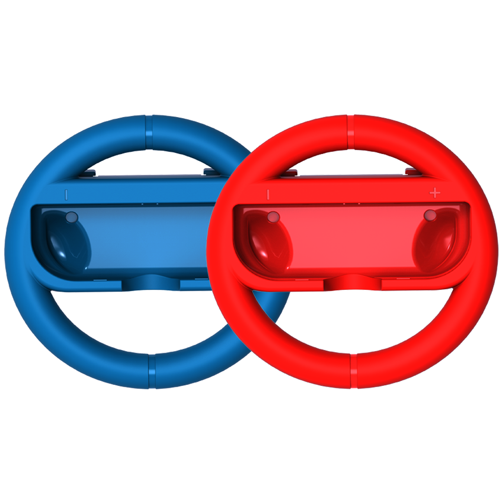 Twee rode en blauwe game-stuurwielen, ontworpen om gamecontrollers vast te houden.