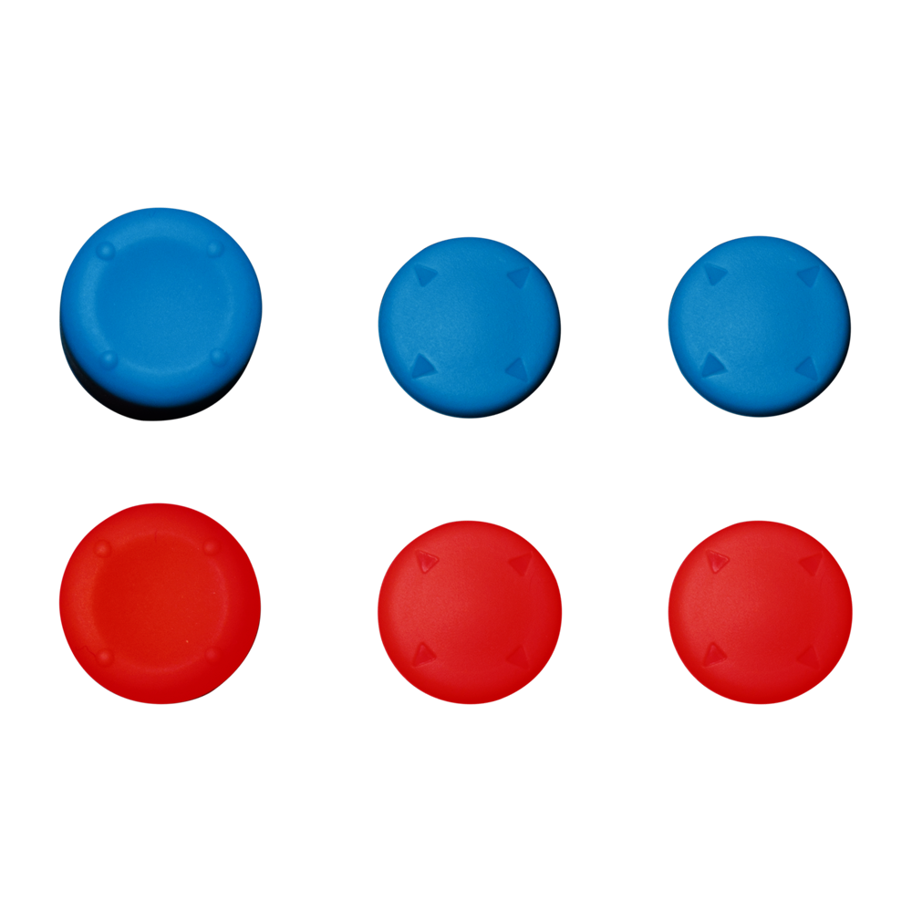 Zes game controller thumbsticks, drie blauw en drie rood, gerangschikt op een witte achtergrond.