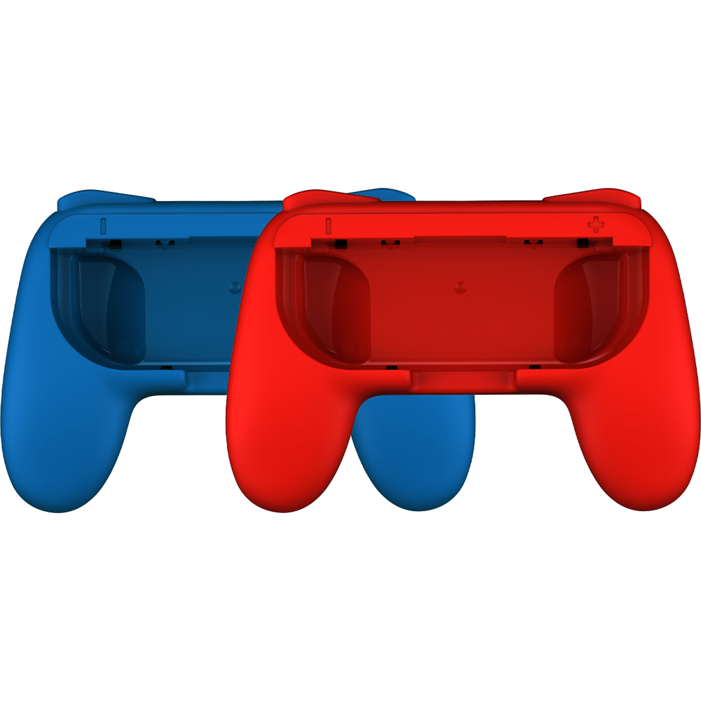 Twee gamecontrollers, één blauw en één rood, naast elkaar. Beide hebben lege sleuven voor elektronica.