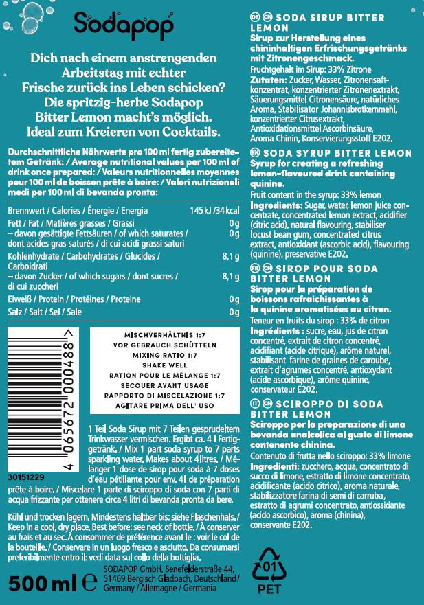 Nährwertkennzeichnung für Soda Pop, mit Text, Zutaten und Anweisungen in mehreren Sprachen.