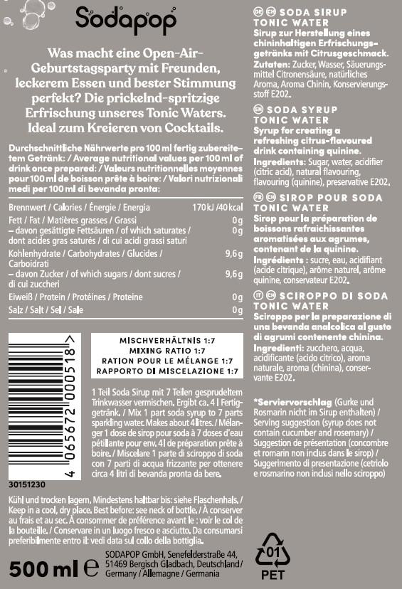 Nährwertkennzeichnung auf einer Flasche Sodapop Tonic Water.