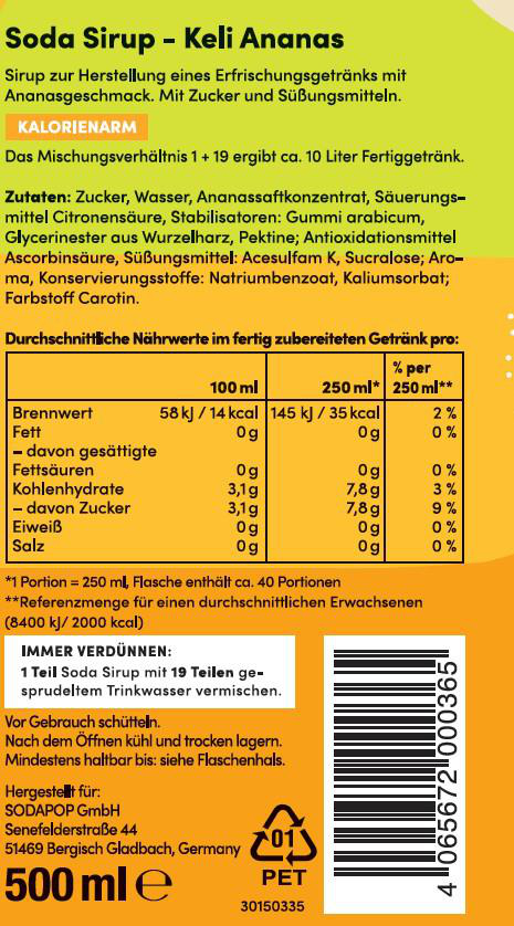 Nährwertkennzeichnung eines Sirups mit Text und Barcode, in orange.