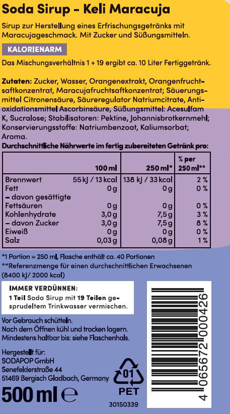 Nährwertkennzeichnung mit Zutaten, Nährwerten und Portionsgrößeninformationen.