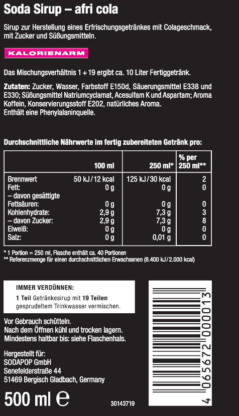 Ein Produktetikett. Es listet Nährwertinformationen für einen Sirup, einschließlich Zutaten und Nährwerte auf.