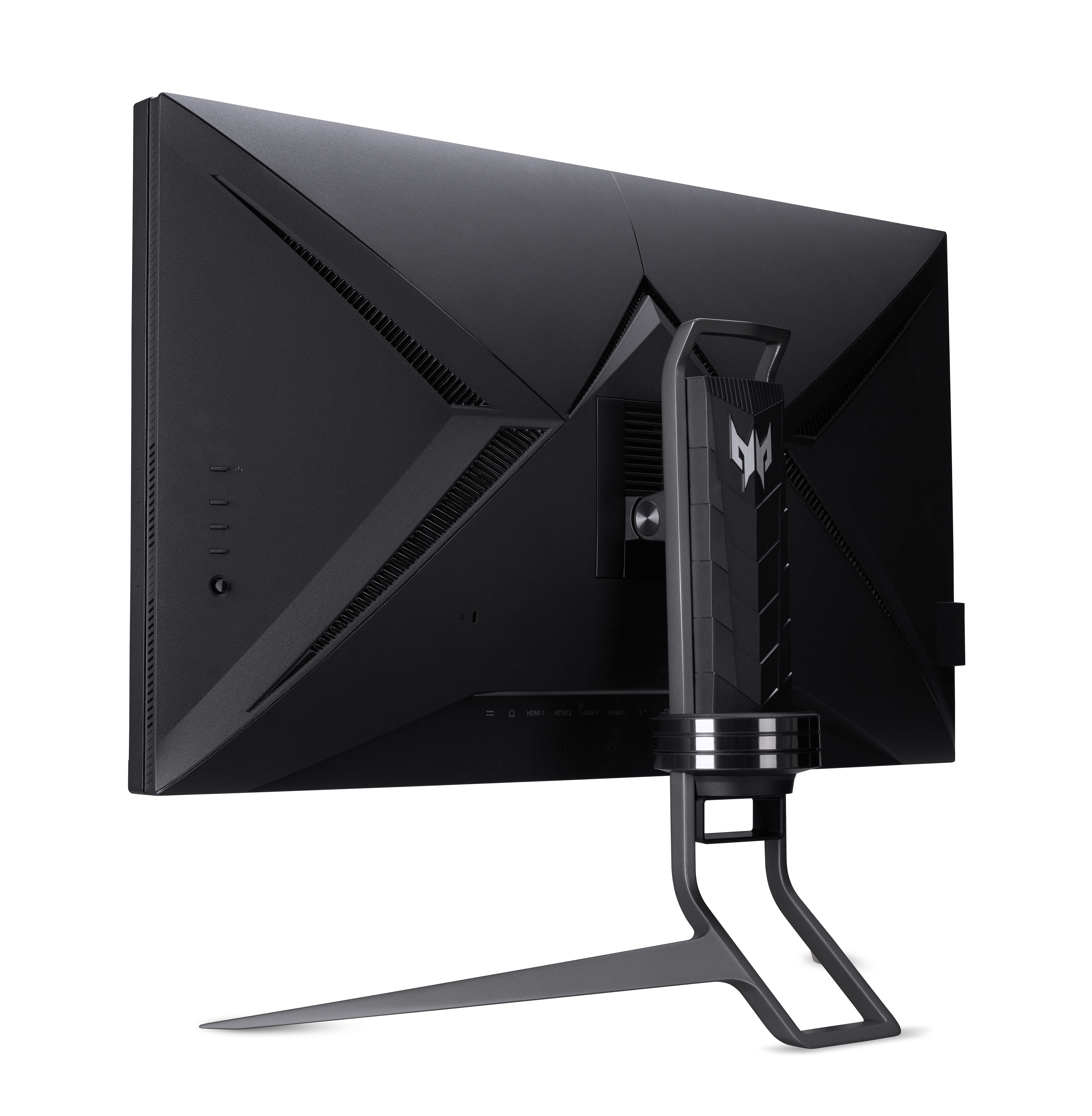 Schwarzer Gaming-Monitor, Rückansicht. Zeigt Ständer, Anschlüsse und Designdetails auf weißem Grund.