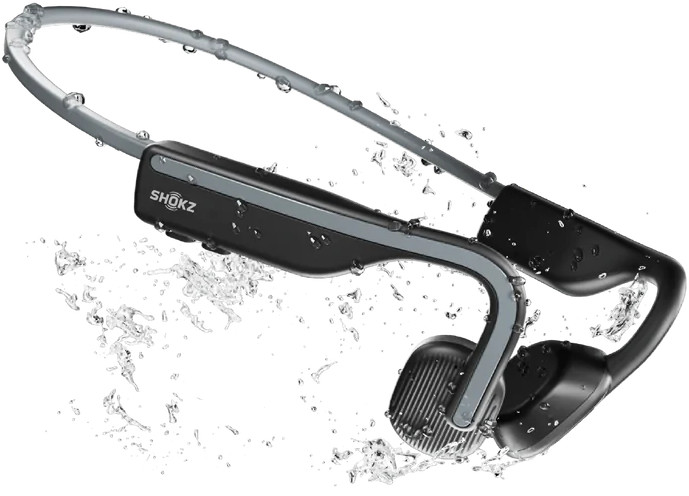 Casque à conduction osseuse noir et gris, avec des gouttes d'eau.