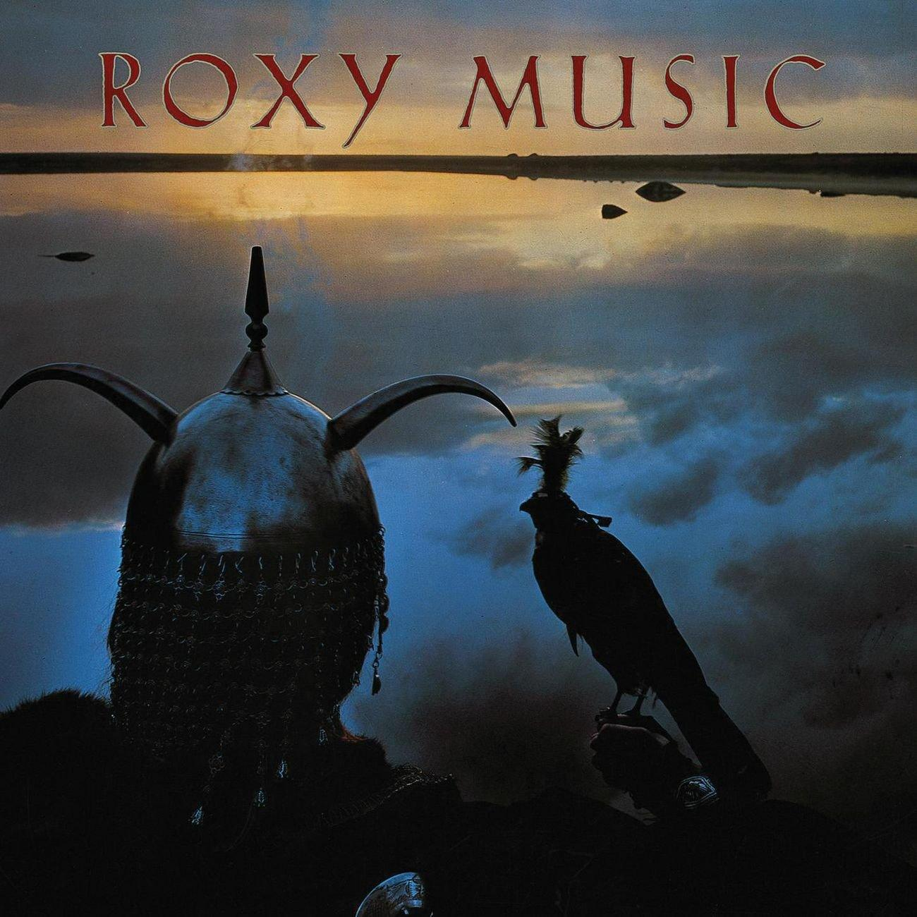 Album borító: sziluett sisak és madár naplementés égbolttal, a 'Roxy Music' együttes neve.