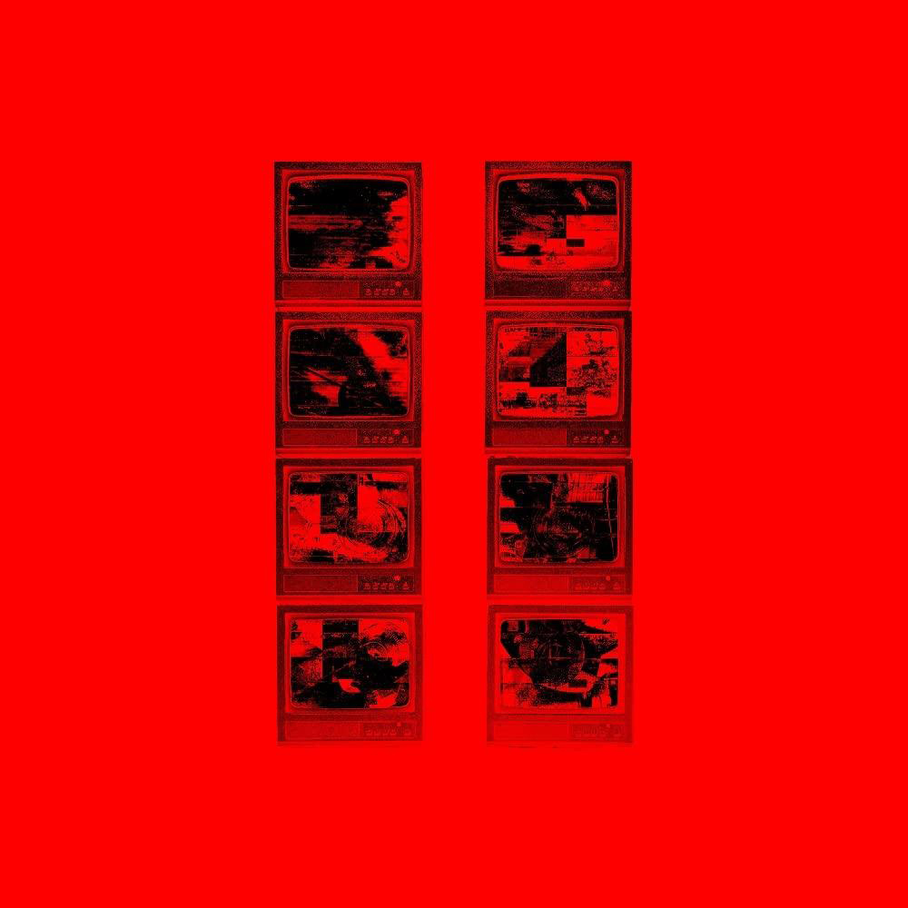 Roter Hintergrund mit acht Fernsehgeräten, die statische Bilder zeigen. Schwarz-rotes Farbschema.