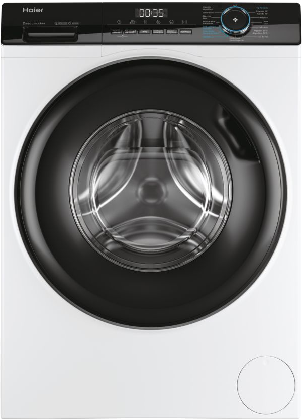 Witte wasmachine met zwarte deur, digitaal display en merknaam.