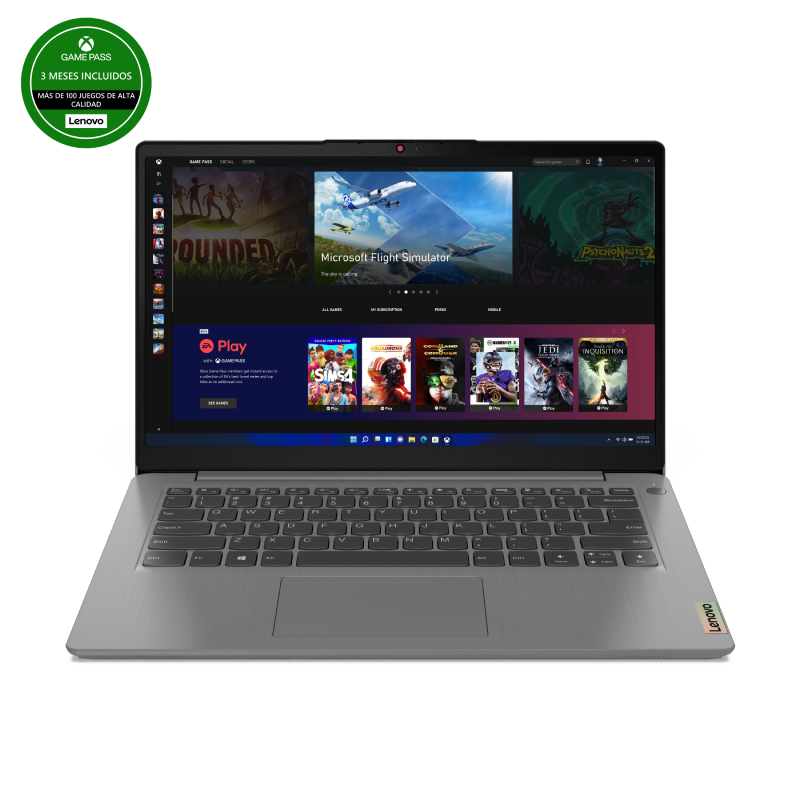 Portátil mostrando interfaz de juego, icono verde de Game Pass y logo de Lenovo.