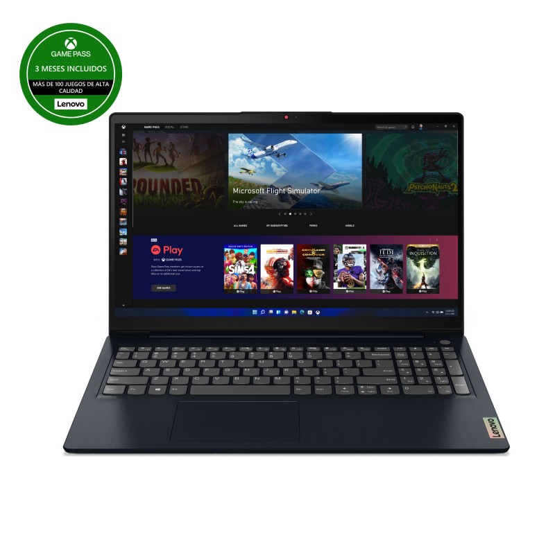 Una laptop que muestra múltiples imágenes de juegos, con el logotipo de Lenovo y Game Pass.
