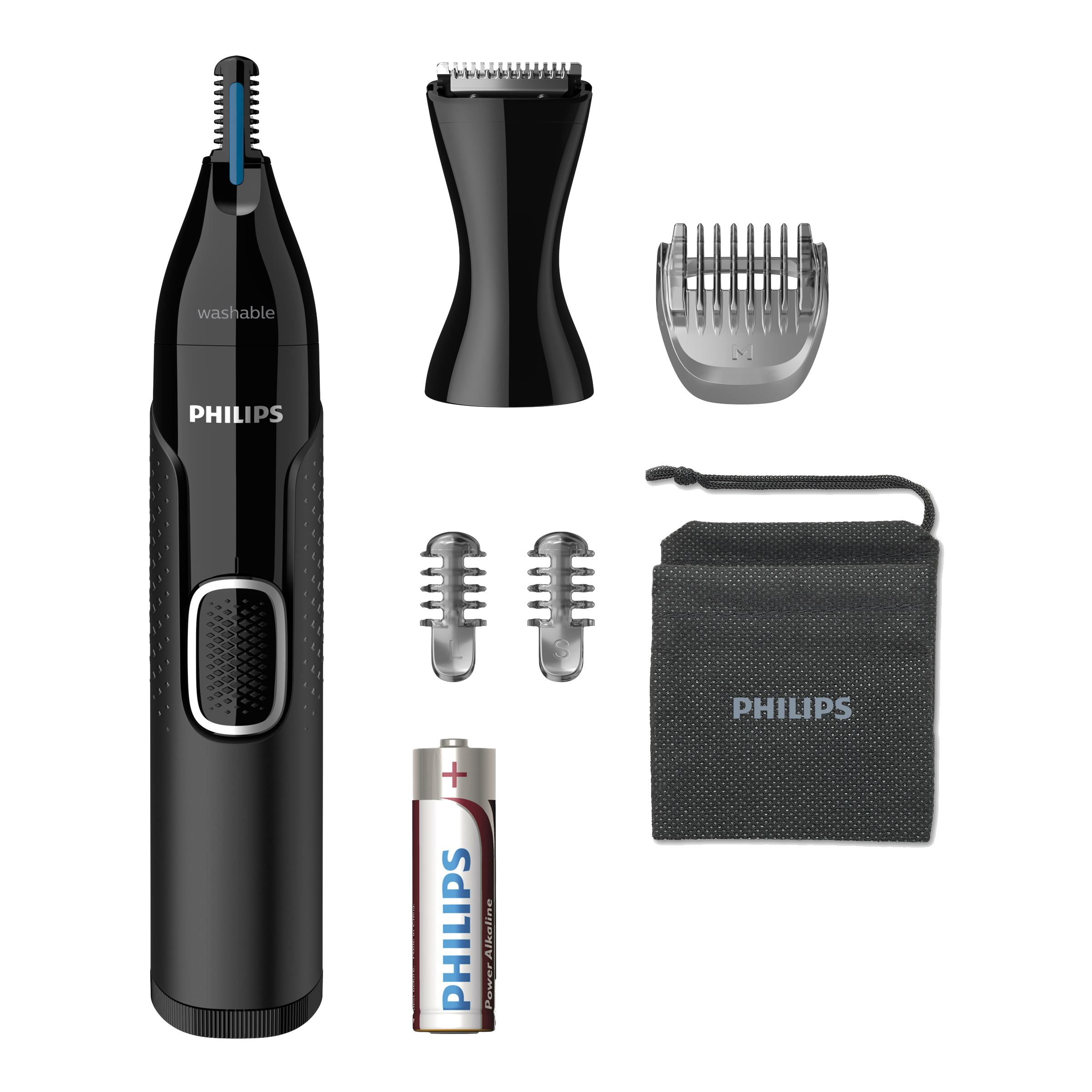 Tondeuse nasale Philips noire avec accessoires et pile.