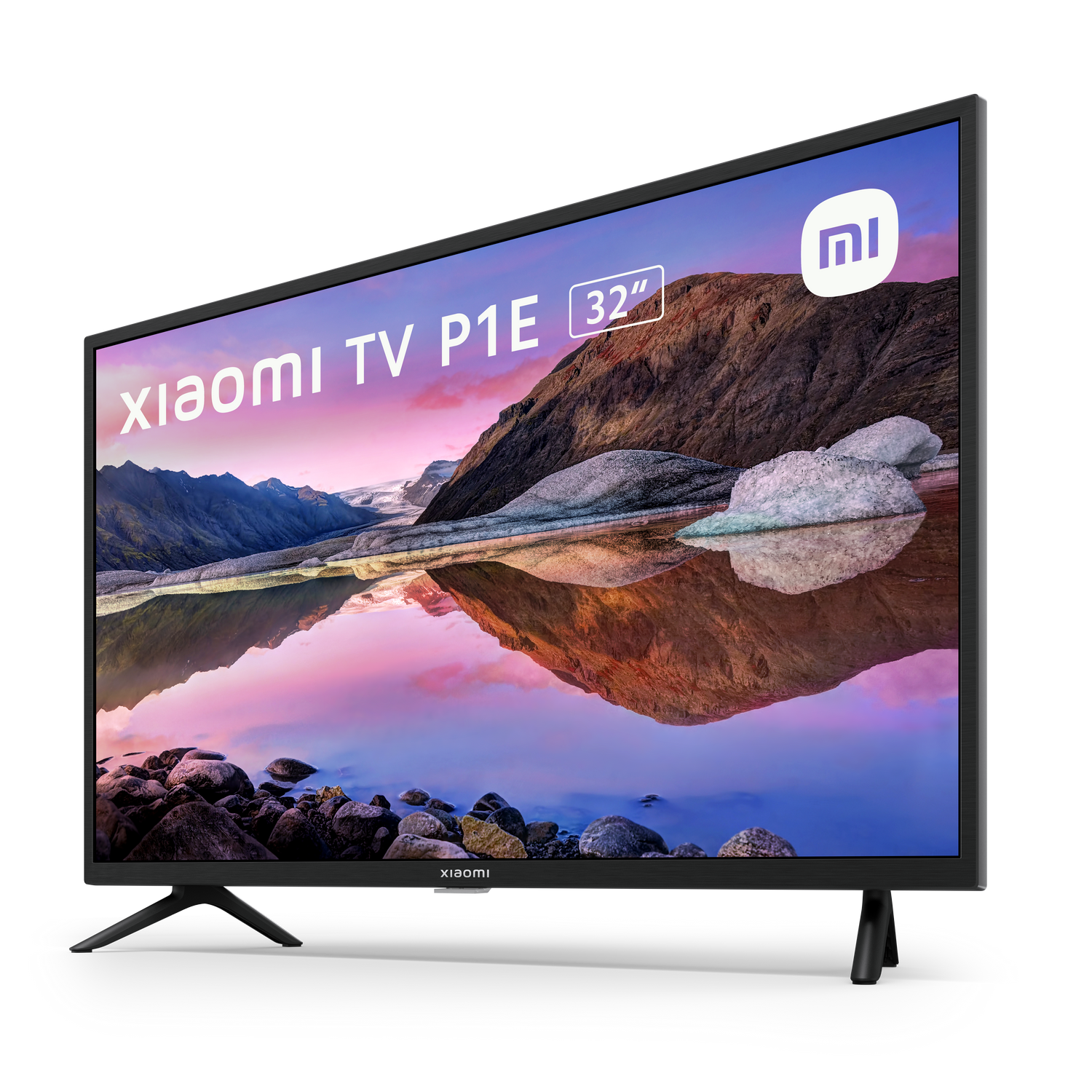 Televisor Xiaomi en un soporte, paisaje con imagen de montaña y agua.