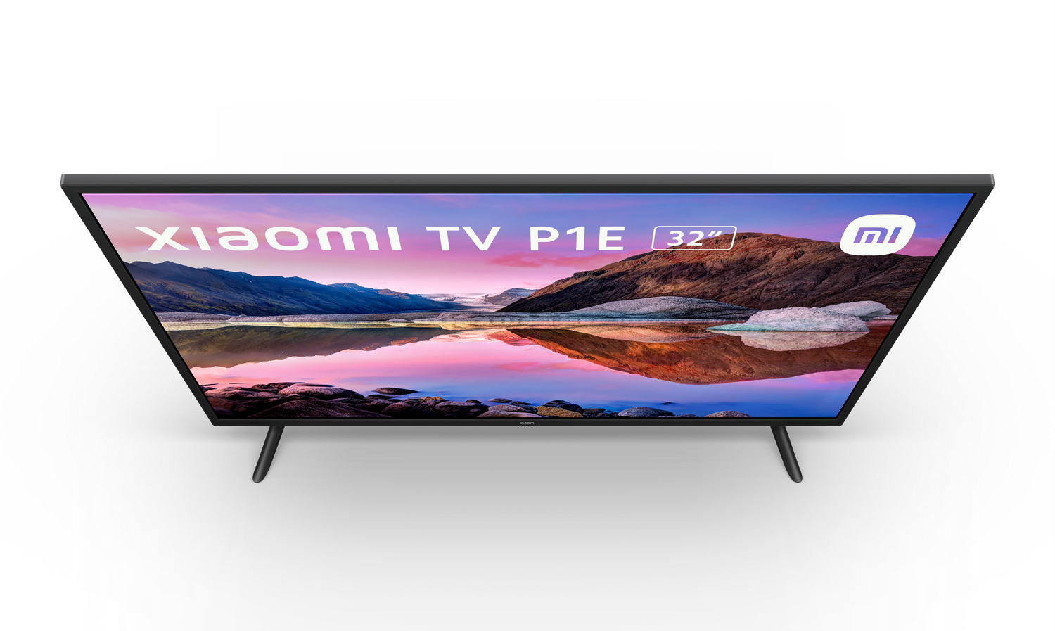 Una pantalla de televisión negra. El nombre de la marca y el tamaño son visibles en la pantalla.