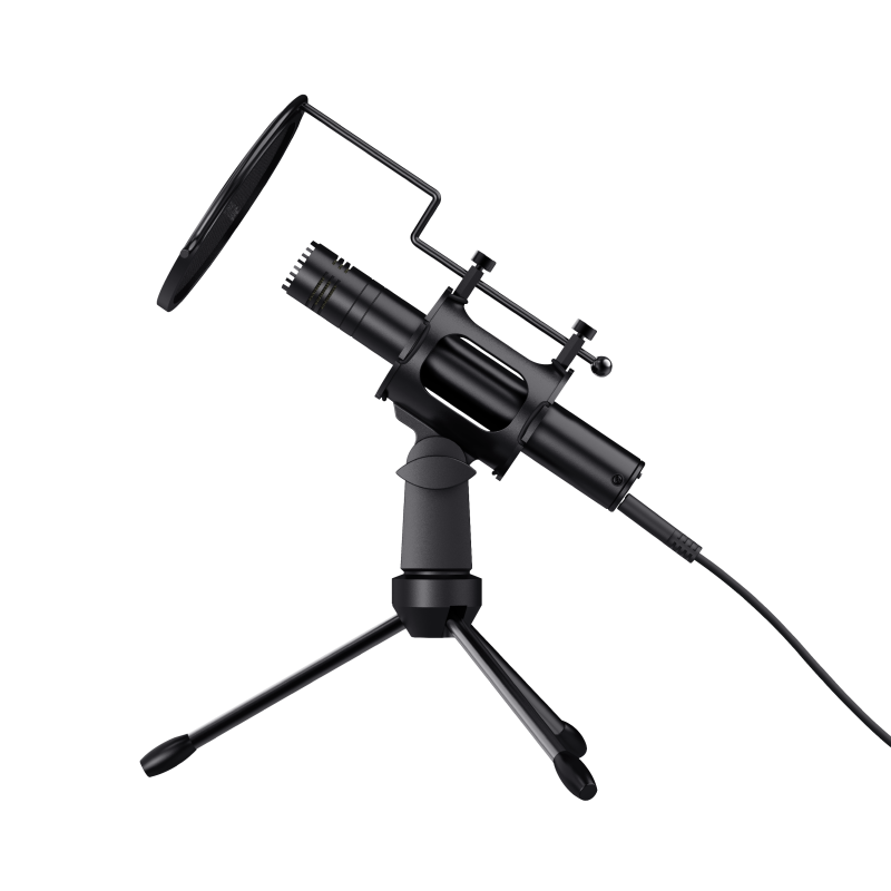 Küçük bir tripod üzerinde siyah bir mikrofon ve pop filtresi.