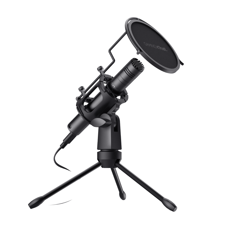 Küçük bir tripod üzerinde, bir pop filtresi olan siyah bir mikrofon.