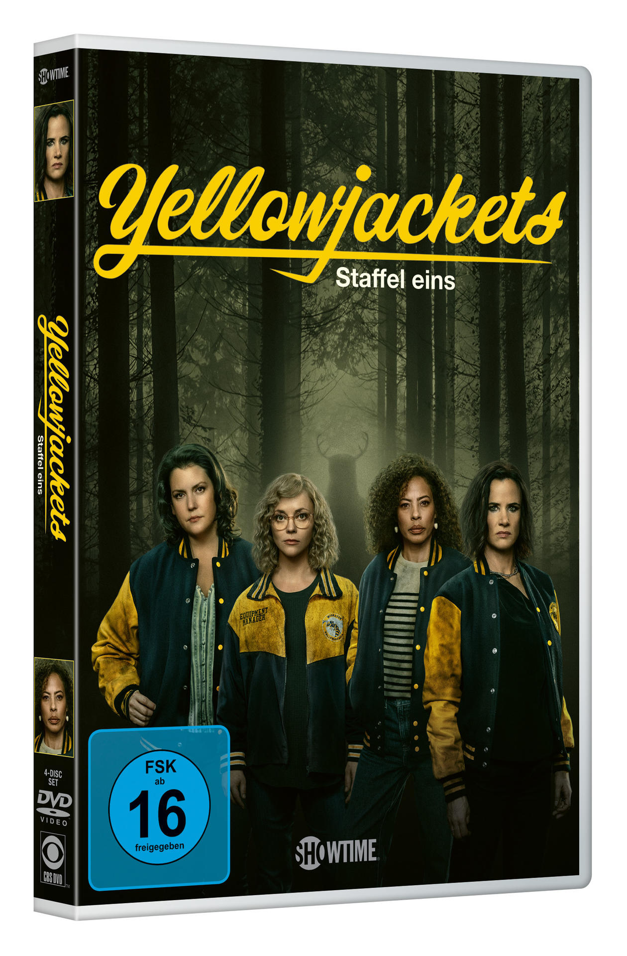 DVD-Hülle für die TV-Serie "Yellowjackets" mit vier Frauen in Jacken in einem Wald.