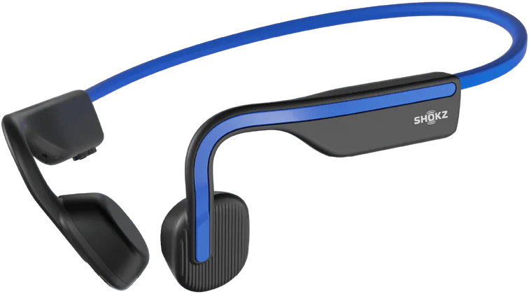 Casque à conduction osseuse noir et bleu sur fond noir.