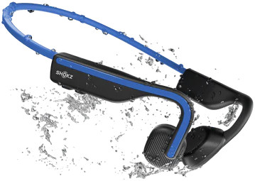Casque à conduction osseuse noir et bleu avec des gouttelettes d'eau.