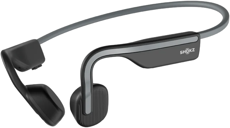 Casque à conduction osseuse Shokz noir. Bande grise reliant les écouteurs et contournant la tête.