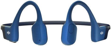Blauwe Shokz botgeleidingshoofdtelefoon, vooraanzicht. Het open-ear ontwerp wordt getoond.