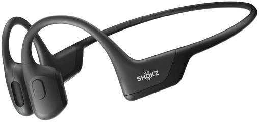 Black Shokz open-ear headphones on a black background, with the brand name displayed.